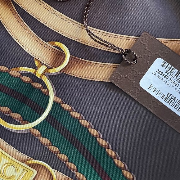 New Gucci Scarf Brown Iconic Horsebit Logo Print Silk Wrap with Gucci Gift Box - Picture 10 of 16